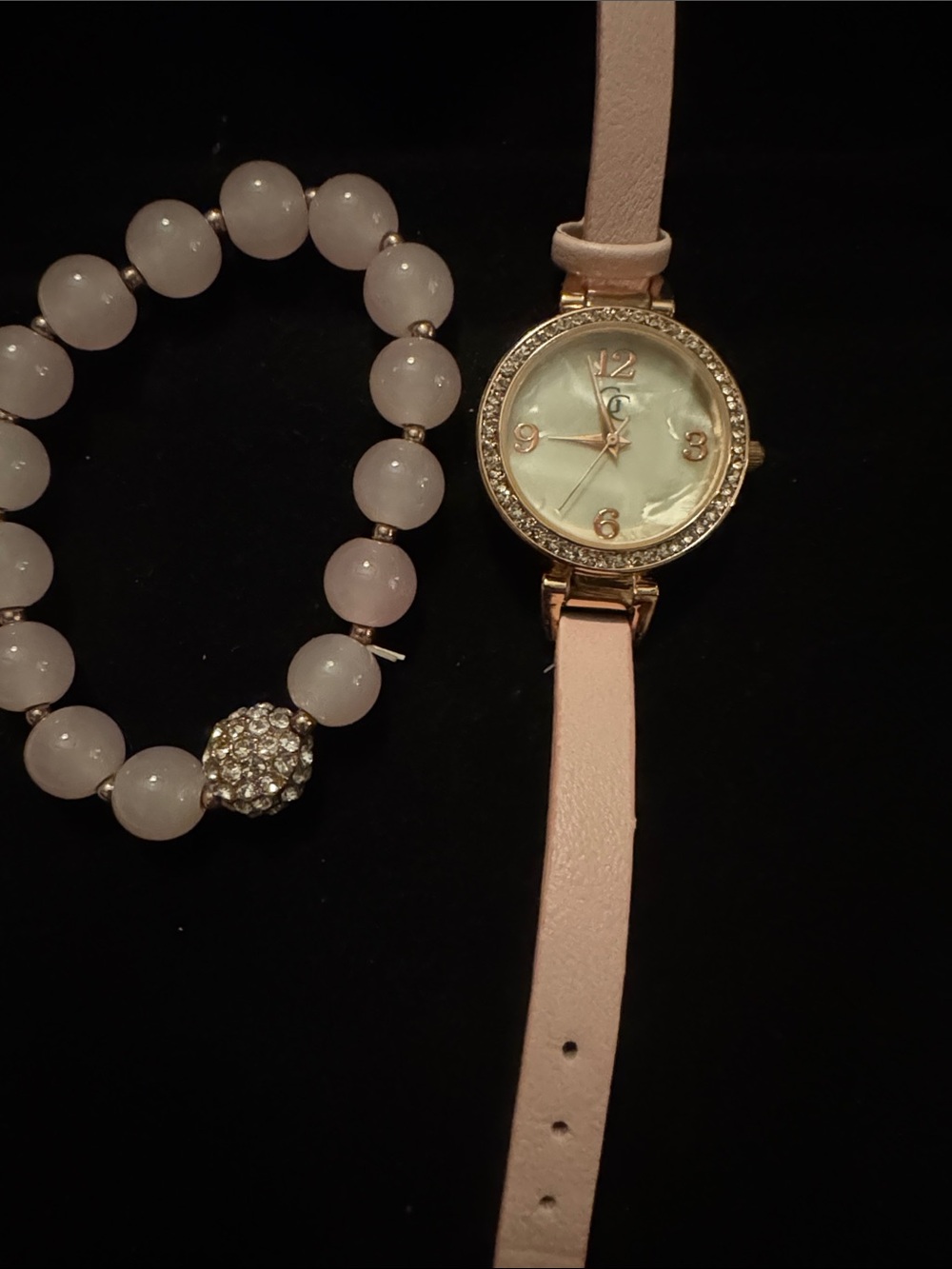 Gold Coast Elegant Pink Leather Strap Women's Watch with Crystal Accents set